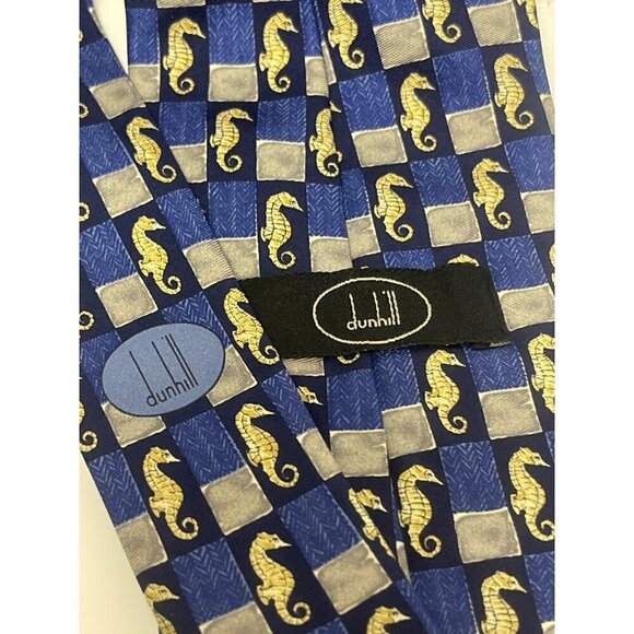 Dunhill Blue Check Seahorse 100% Silk Men's Neck Tie 3.5" - Picture 3 of 5